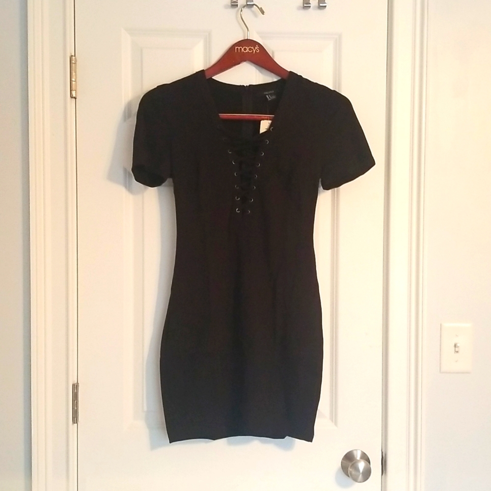 NWT Forever 21 Black Bodycon Dress, Size S, Lace Up Front - Picture 1 of 5